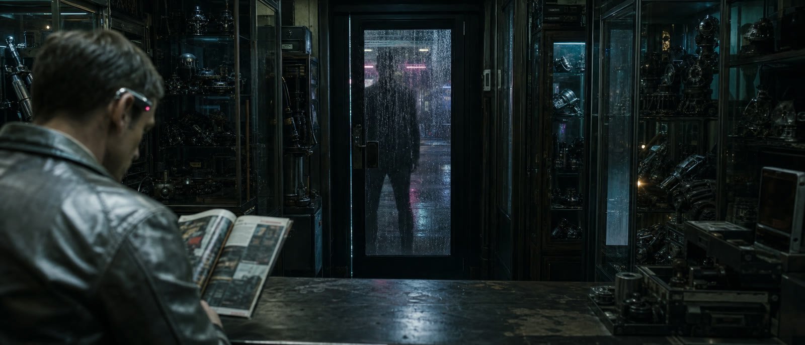 Still from Static Metal: a man reads at a shop counter while a figure waits behind a rain-streaked door