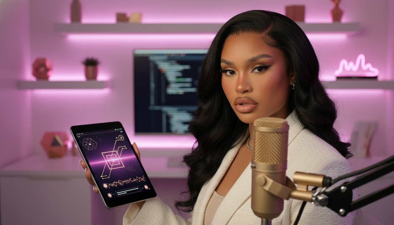 Angel in a pink-lit studio holding a tablet next to a gold microphone